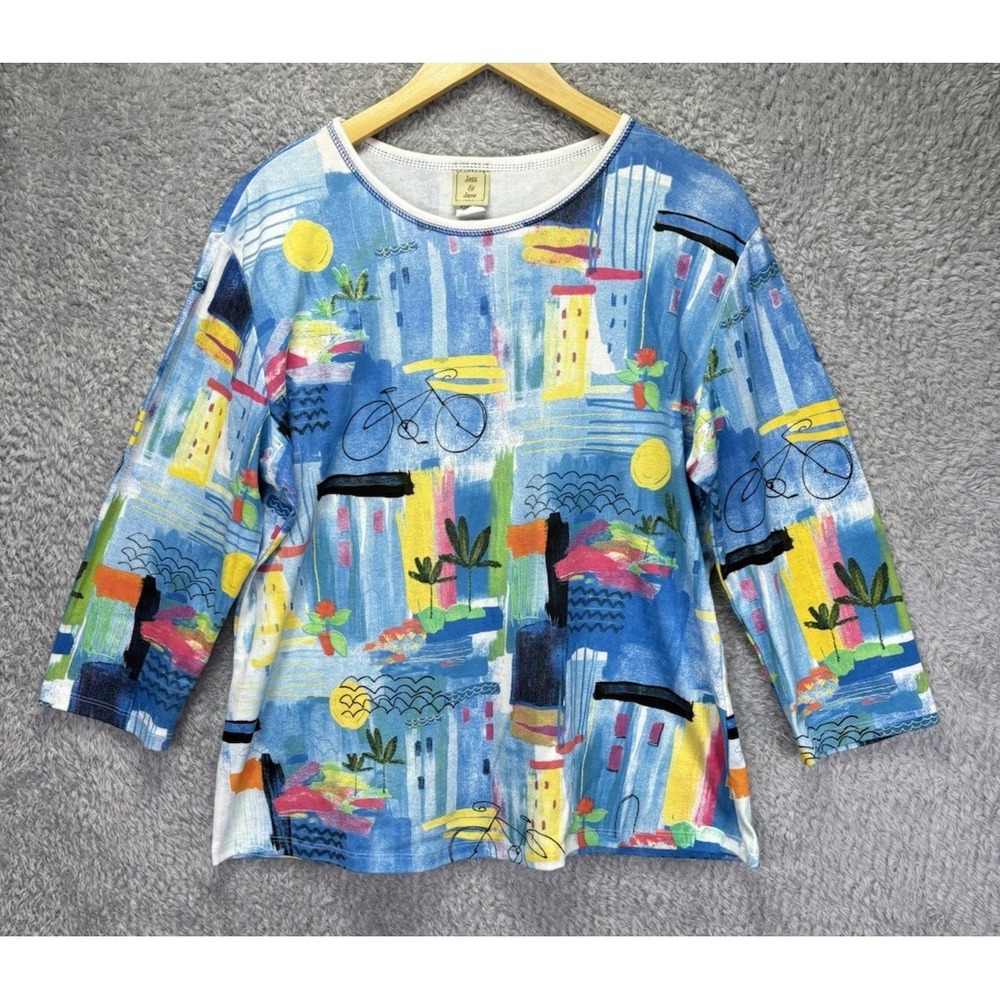 Jess & Jane Top Womens XL Artsy Bicycle Print 3/4 Sleeve Colorful Tropical